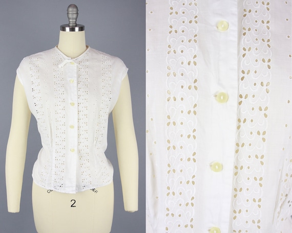 1950s COTTON EYELET Blouse | Vintage 50s White Sle