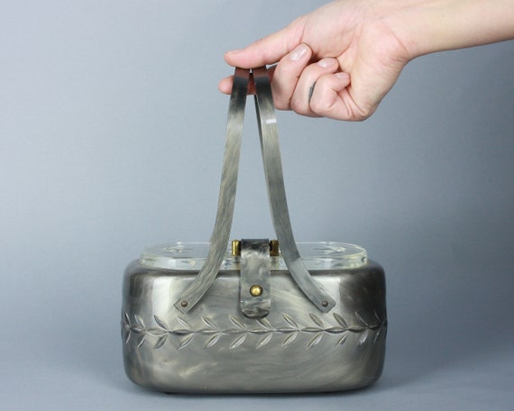 1950s Marbled Grey LUCITE Purse | Vintage Carved H