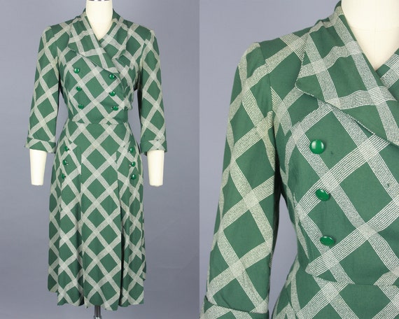 1930s Green Lattice Plaid Dress | Vintage 30s 40s