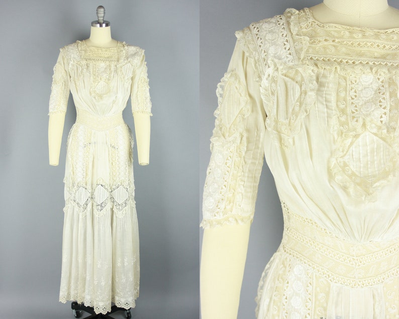 1910s White Lace & Cotton Dress Antique 10s Long Tea Dress | Etsy