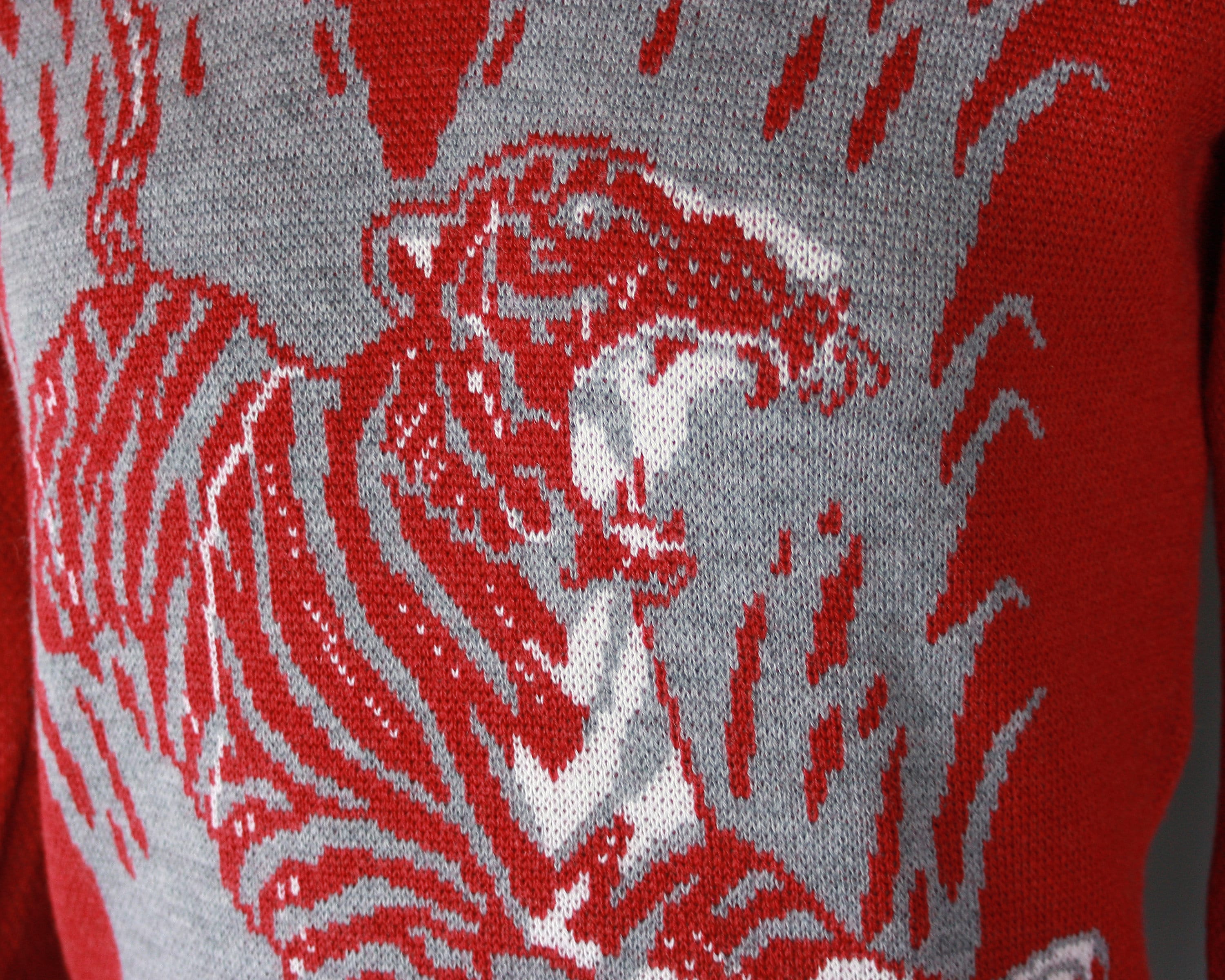 GROOVIN HIGH Tiger Sweater Small 1940s Style Knit Wool Pullover with Dark Red & Grey Design