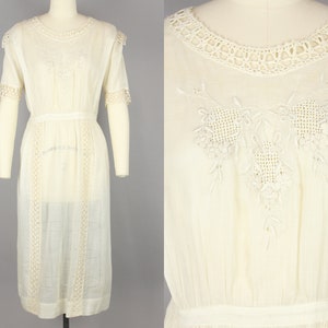 1910s Ivory Cotton Dress Vintage 10s Lace & Voile Dress Medium image 1