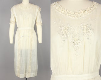1910s Ivory Cotton Dress · Vintage 10s Lace & Voile Dress · Medium