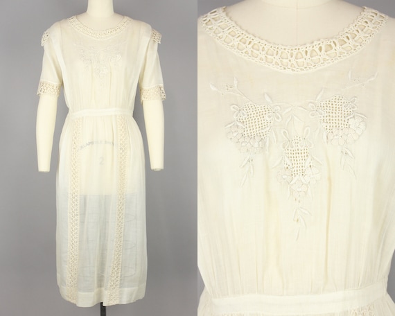 1910s Ivory Cotton Dress · Vintage 10s Lace & Voi… - image 1