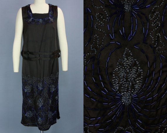 1920s BEADED SPIDER Dress | Vintage 20s Black Silk