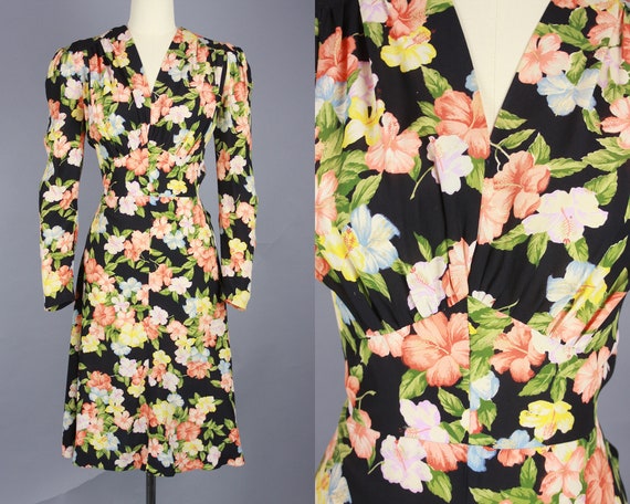 1930s Dark Hibiscus Dress Vintage 30s Floral Print Long | Etsy