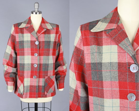 1950s 49ER JACKET | Vintage 40s 50s Grey & Red Pla