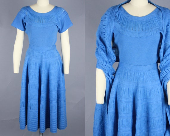 1950s 3 PIECE KNIT SET | Vintage 50s Sky Blue Swea