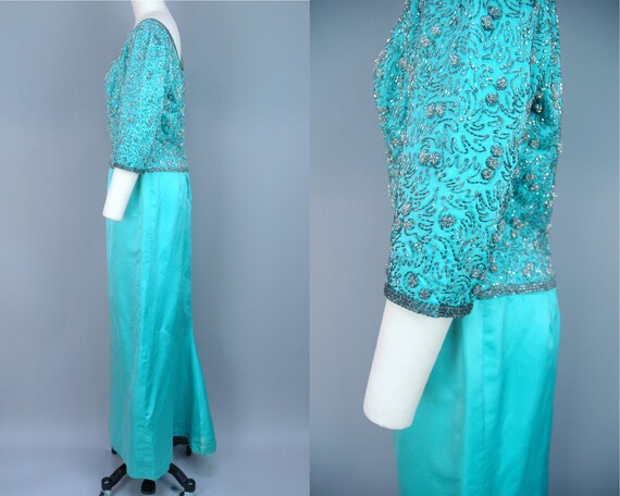 1960s Aqua Silk Beaded Gown | Vintage 60s Bright … - image 3