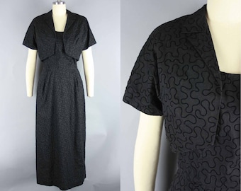 1950s FLOCKED SOUTACHE Dress Set | Vintage 50s Wiggle Dress with Cropped Bolero | small