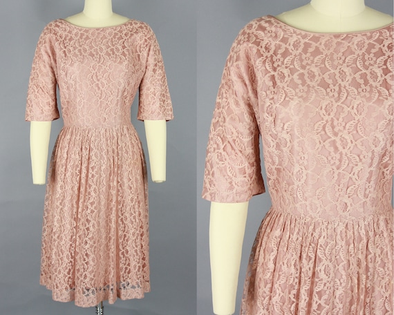 1950s LACE DRESS | Vintage 50s Blush Short Sleeve