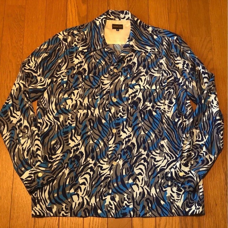 GROOVIN HIGH 1950s Style Vintage Blue /& Black TigerLeopard Animal Print Rayon Long Sleeve Shirt-Size Medium