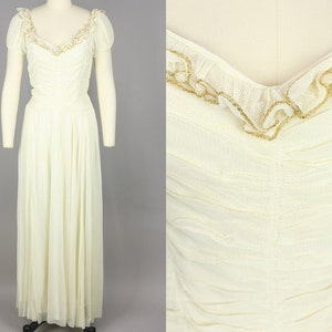 1940s Ivory & Gold Net Gown Vintage 40s Dress with Ruched Bodice Extra Small image 1