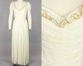 1940s Ivory & Gold Net Gown · Vintage 40s Dress with Ruched Bodice · Extra Small