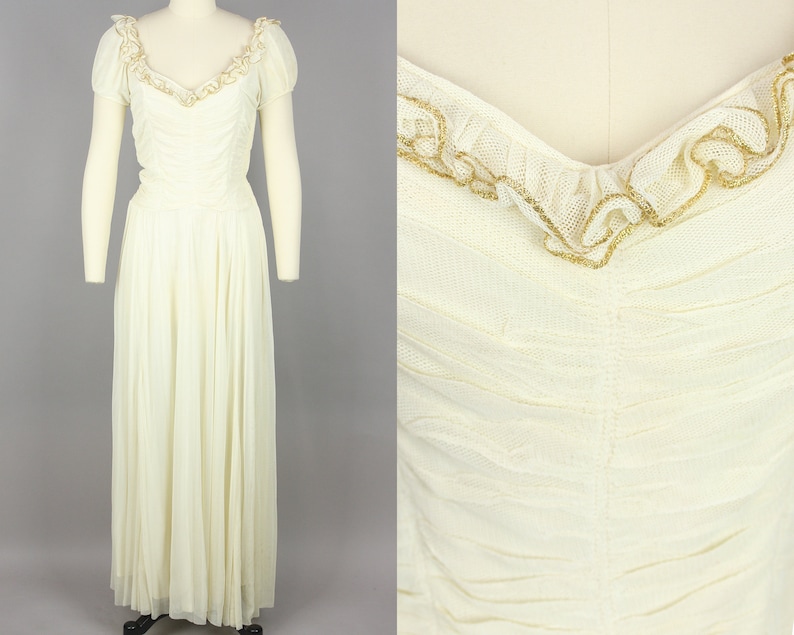 1940s Ivory & Gold Net Gown Vintage 40s Dress with Ruched Bodice Extra Small image 1