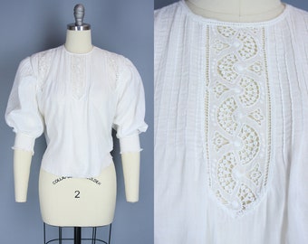 1900s PIN TUCK Blouse | Vintage Edwardian White Cotton Button Back Top | small