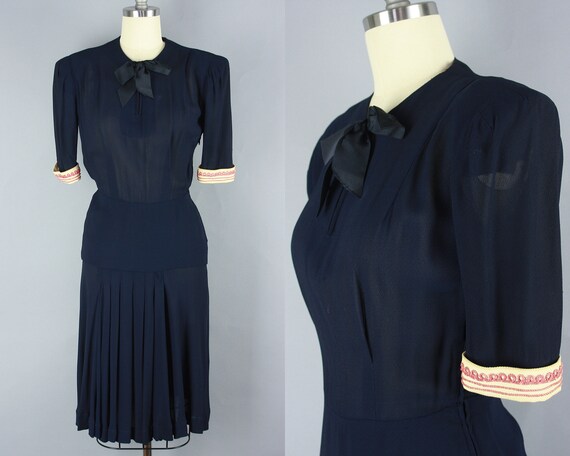 1940s PUFF SLEEVE Dress | Vintage 40s Navy Blue Ra