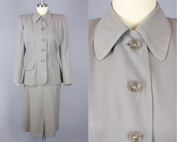 1940s Grey GABARDINE Suit | Vintage 40s Skirt Suit
