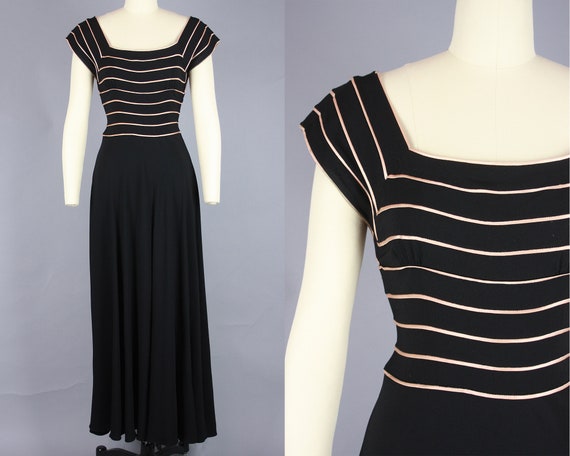 1930s FOGA Rayon Crepe Gown with Satin Stripes | V