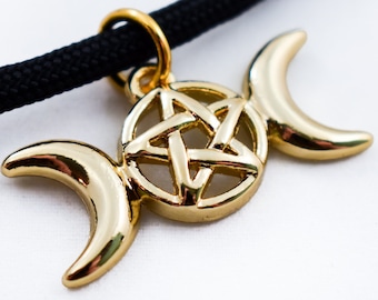 Triple Moon, Paracord Necklace, Pagan Jewelry, Wiccan Necklace, Goth Gift, Goddess Necklace, Pentacle, Moon Necklace, Wiccan Gift, Pentagram