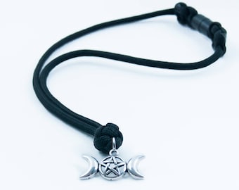 Triple Moon, Paracord Necklace, Pagan Jewelry, Wiccan Necklace, Goth Gift, Goddess Necklace, Pentacle, Moon Necklace, Wiccan Gift, Pentagram