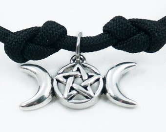Triple Moon, Wiccan Bracelet, Adjustable Bracelet, Moon Bracelet, Pentacle Bracelet, Triple Moon Charm, Paracord Bracelet, Wicca Gift, Witch