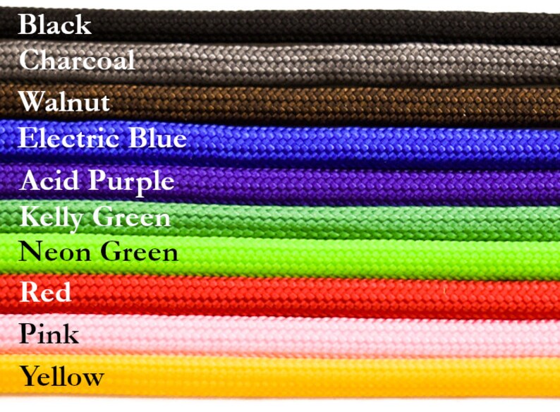 May include: A close-up of 10 different colors of paracord, including black, charcoal, walnut, electric blue, acid purple, kelly green, neon green, red, pink, and yellow.