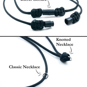 Puede incluir: Dos collares de paracord negros con cierres diferentes. El collar superior tiene un cierre de barril con cuentas de pl&aacute;stico negras. El collar inferior tiene un cierre anudado con un anillo plateado.