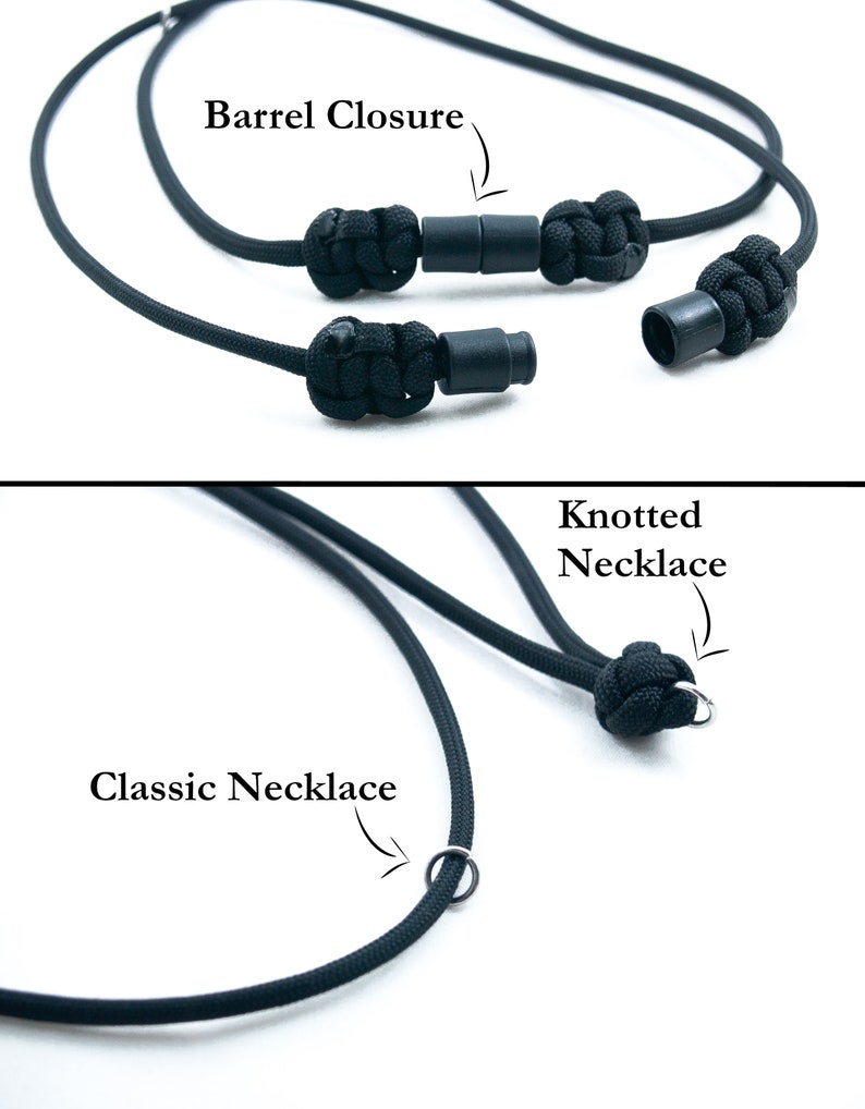 Puede incluir: Dos collares de paracord negros con cierres diferentes. El collar superior tiene un cierre de barril con cuentas de pl&aacute;stico negras. El collar inferior tiene un cierre anudado con un anillo plateado.