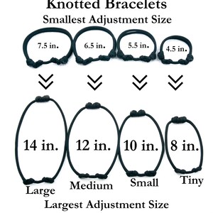 May include: Diagram showing the different sizes of knotted bracelets. The smallest adjustment size is 4.5 inches and the largest adjustment size is 14 inches. The sizes are labeled as Tiny, Small, Medium, and Large.