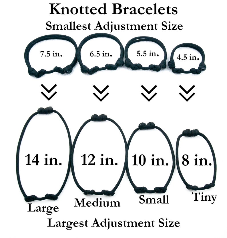 May include: Diagram showing the different sizes of knotted bracelets. The smallest adjustment size is 4.5 inches and the largest adjustment size is 14 inches. The sizes are labeled as Tiny, Small, Medium, and Large.