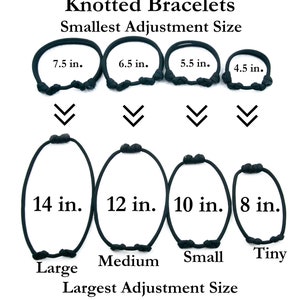 May include: Diagram showing the different sizes of knotted bracelets. The smallest adjustment size is 4.5 inches and the largest adjustment size is 14 inches. The bracelet sizes are labeled as Tiny, Small, Medium, and Large.
