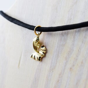 Puede incluir: Un collar con un colgante de pez dorado en un cord&oacute;n negro. El colgante es un pez estilizado con una cola y aletas curvas.