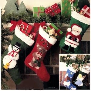 Vintage Knit Christmas Stocking Pattern Santa Claus Teddy Bear Angel Shepard Snowman Knitted Stockings Download PDF Instructions Pattern