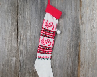 Vintage Jingle Bells  Knit Stocking Christmas Musical Notes Red Green White Pom Pom