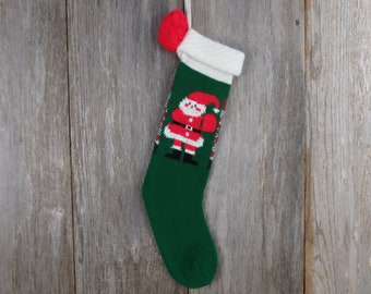 Vintage Santa Claus Knit Stocking Christmas Knitted GReen Red White Pom Pom