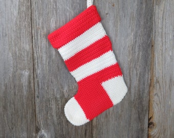 Crochet Christmas Stocking Red White Striped Vintage Handmade