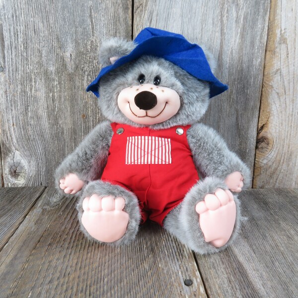 Vintage Hatfield Jethro Teddy Bear Plush Blue Hat Red Bib Overalls Applause 1986 Rubber Hands