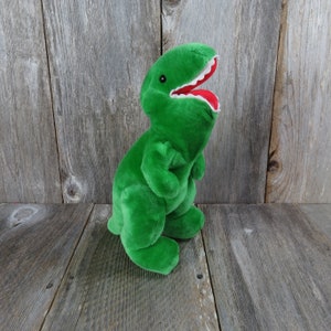 Vintage Tyrannosaurus Rex Dinosaur Plush Green Trudy Toys Red Mouth Teeth Stuffed Animal Glass Eyes