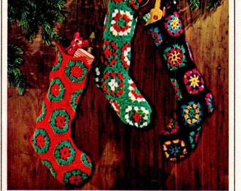 Vintage Crochet Christmas Stocking Pattern Granny Square Stocking Hexagon 1972  Stitch Needle Craft Download PDF Instructions Pattern