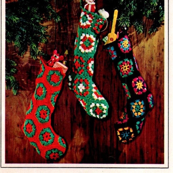 Vintage Crochet Christmas Stocking Pattern Granny Square Stocking Hexagon 1972  Stitch Needle Craft Download PDF Instructions Pattern