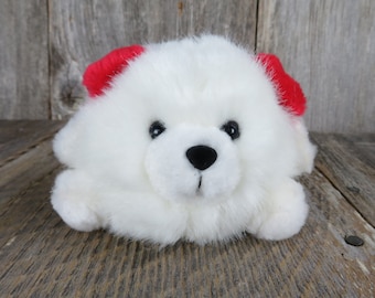 Vintage White Teddy Bear Plush Snowball Red Earmuffs Russ Black Flocked Nose Winter