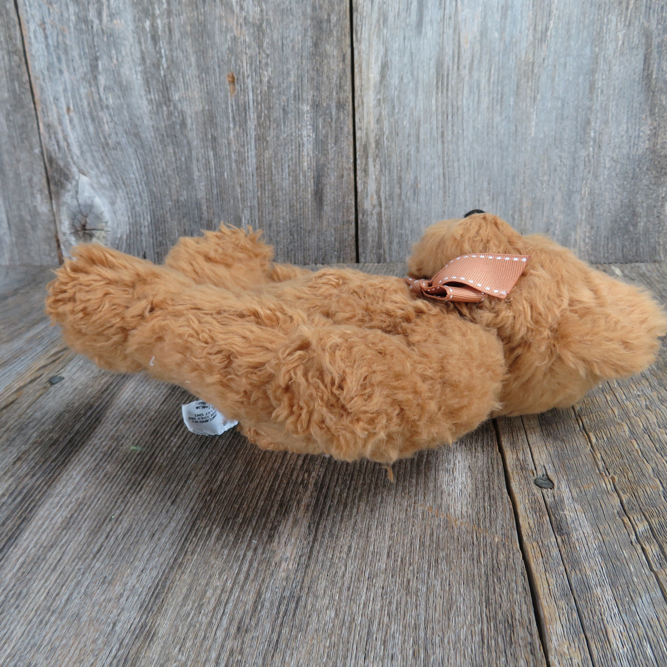 Vintage Teddy Bear Plush Brown Furry Red Bow Russ Stitched Nose Stuffed ...