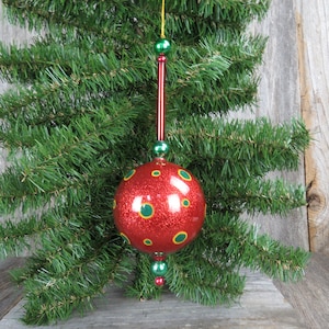 Vtg Red Green Ball Drop Ornament Kurt Adler Bead Kringle Glass Polka Dot