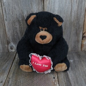 Vintage Black Teddy Bear Plush I Love You Red Heart Sad Sleepy Stuffed Animal Chrisha Playful Plush Korea 1988 Brown Nose Ears Paws