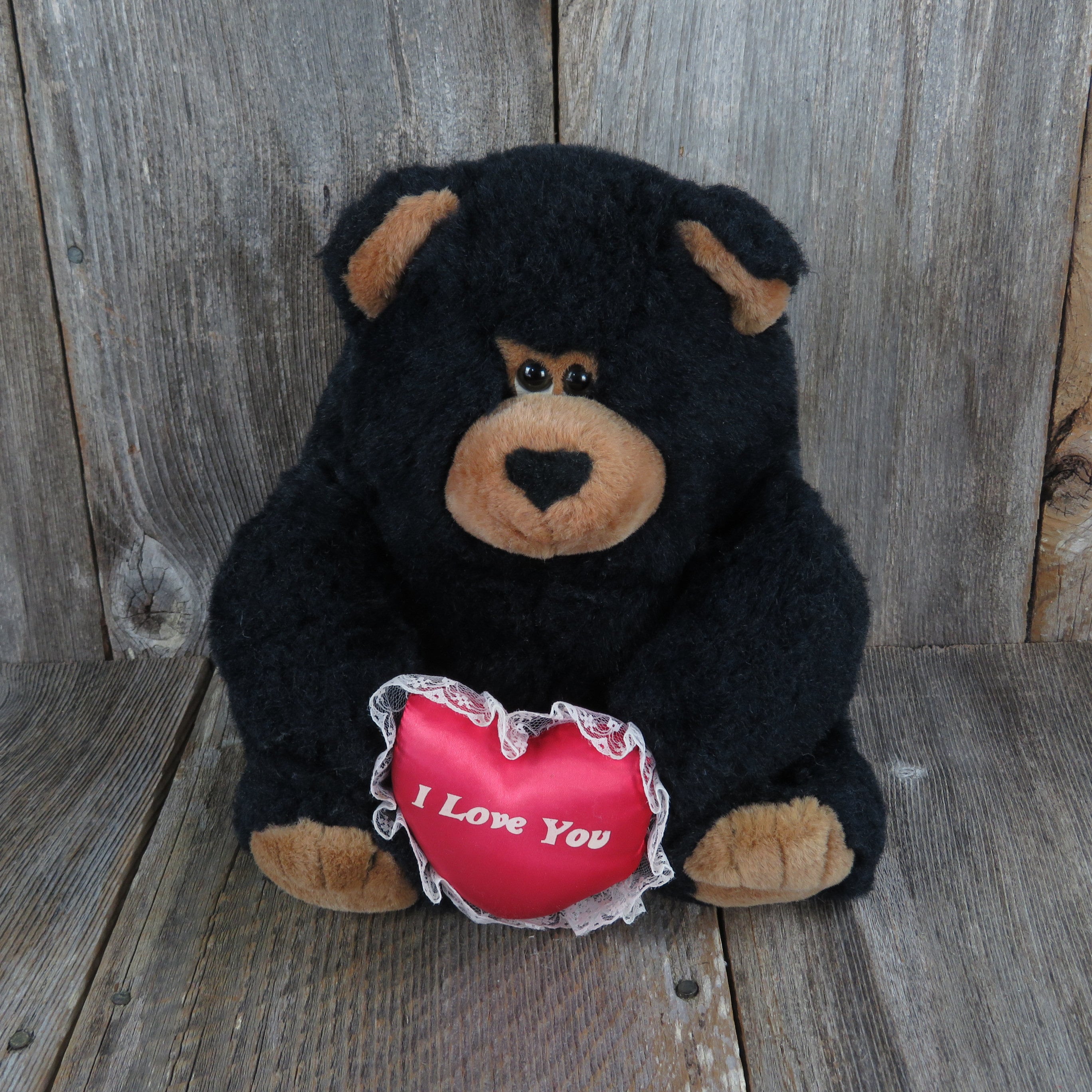 Vintage Black Teddy Bear Plush I Love You Red Heart Sad