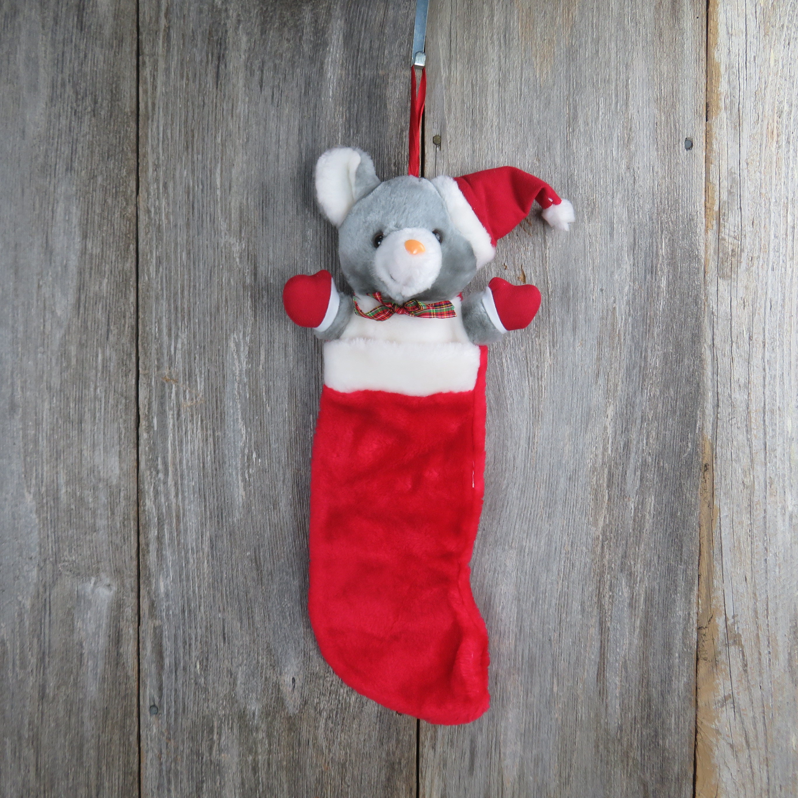 Vintage Mouse Plush Stocking Grey Santa Hat Small Bow Mittens