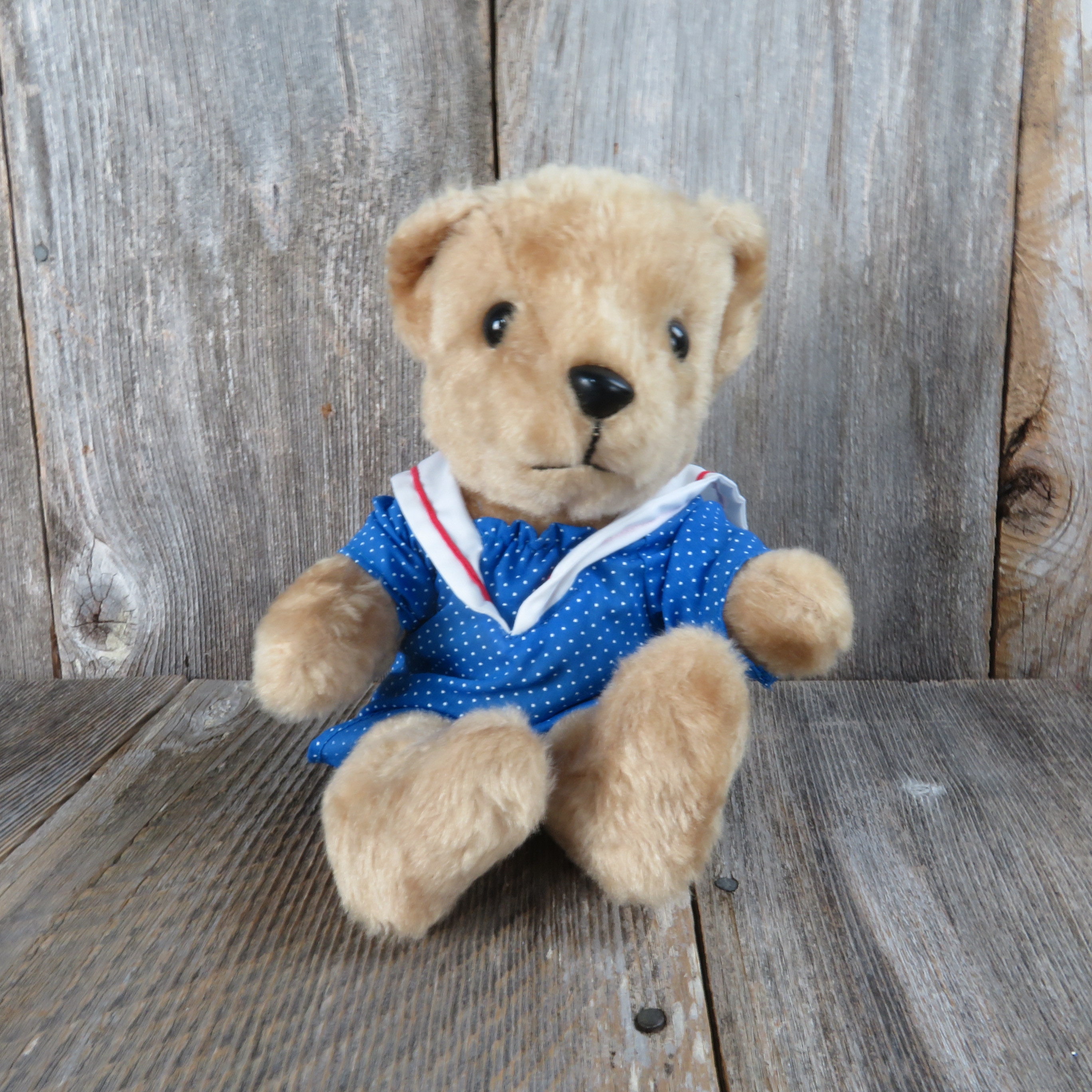 Vintage Teddy Bear Plush Blue Polka Dot Sailor Dress Stuffed