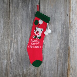 Vintage Baby&#39;s First Christmas Stocking Knit Teddy Bear Balloons Knitted Red Green White Pom Pom