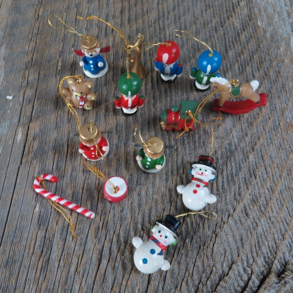 Vintage Miniature Ornament Set Lot Christmas Wood Plastic Snowman